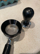 Load image into Gallery viewer, 3D Printed dosing ring on a bottomless portafilter next to a THIRTY calibrated coffee tamp