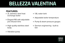 Load image into Gallery viewer, Infographic describing the Bellezza Valentina Home Coffee Machine - Espresso Repair Specialists NZ