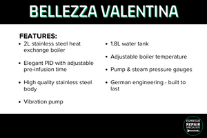 Infographic describing the Bellezza Valentina Home Coffee Machine - Espresso Repair Specialists NZ