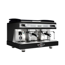 Load image into Gallery viewer, A black and stainless steel commercial espresso machine with two portafilters, drip tray, and control knobs, shown on a plain white background.