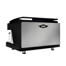 Load image into Gallery viewer, A Wega commercial espresso machine with a brushed stainless steel front panel and black casing, shown from a three-quarters angle on a white background.