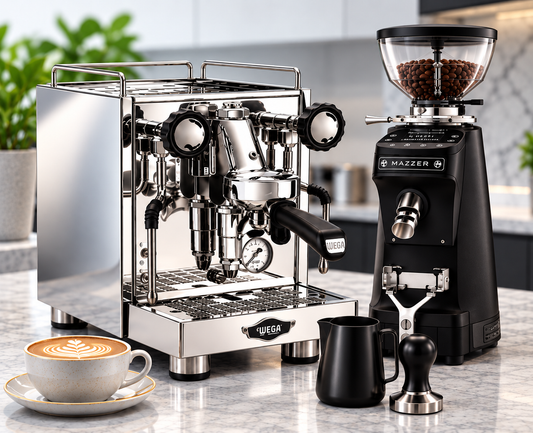 Wega Mini espresso machine with Mazzer Mini grinder, milk jug, tamper and coffee
