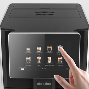 Automatic Coffee Machine Touchpad with finger making a coffee selection